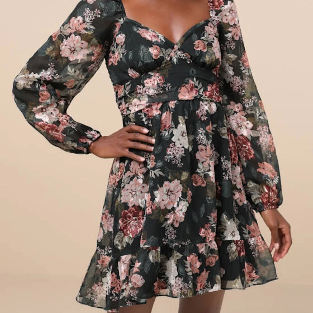 Lulus Truly Adorable Green Floral Burnout Balloon Sleeve Mini Dress - Size L - Picture 1 of 1